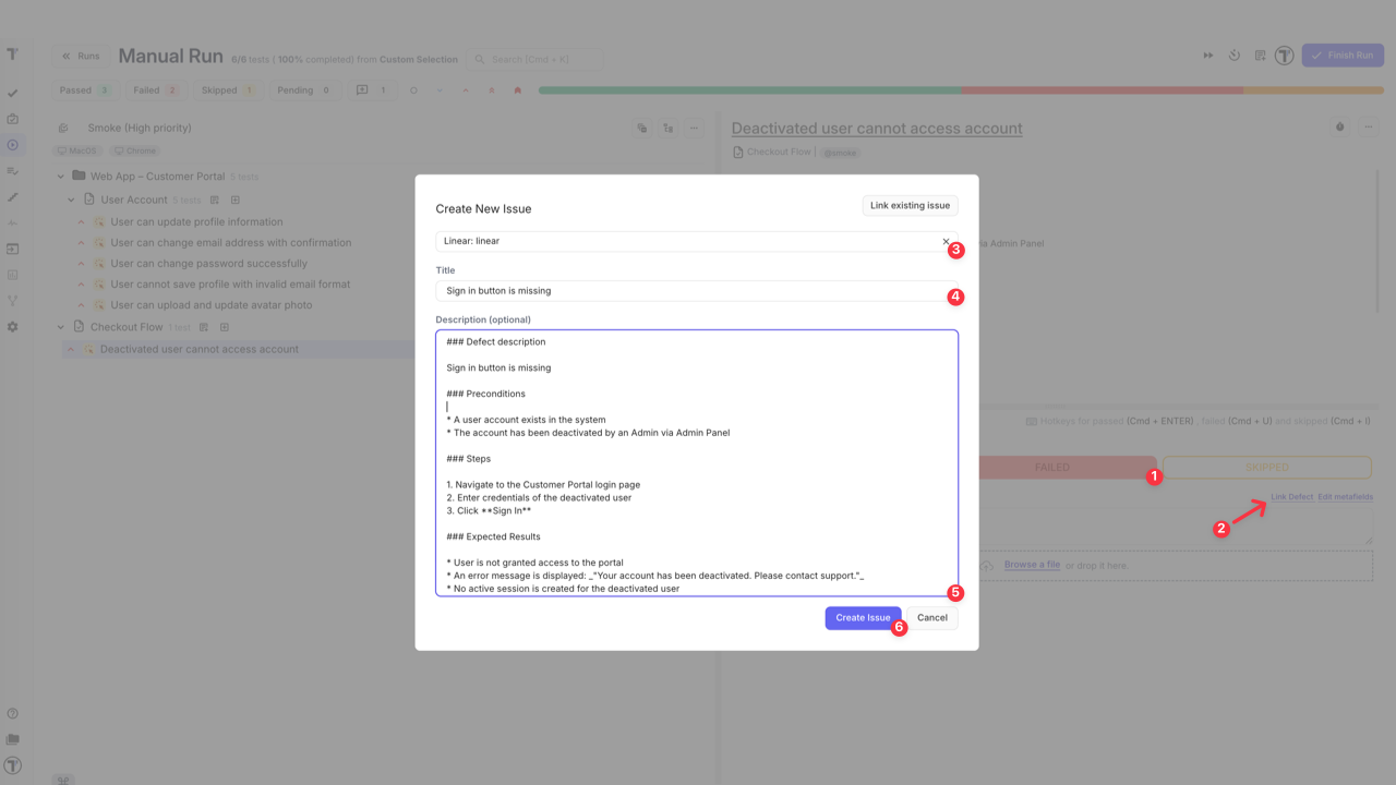 Create issue modal during run